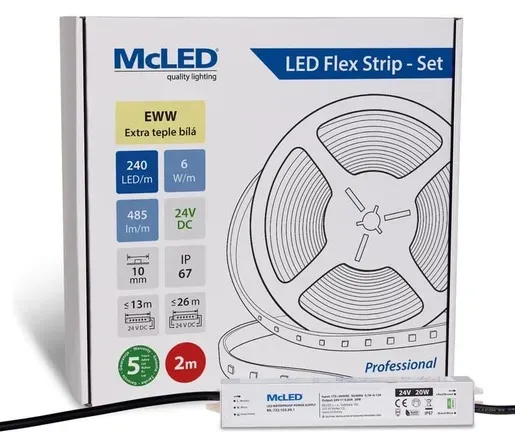 McLED LED-Band - Satz 2 m, 240 LED/m, EWW, 6 W/m, DC 24V, 485 lm/m, CRI90, IP67, 10 mm, Konduktor 3 m ML-126.035.90.S02001