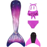 FOLOEO Meerjungfrauenflosse Mädchen Meerjungfrau Flosse für Kinder mit Bikini Set und Monoflosse, 4 Stück Set - 130