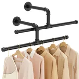 Yawinhe Industrierohr Kleiderstangen, Kleiderständer für die Wand, Rustikale Kleideraufbewahrung, Platzsparenders Wandregal Küchenregal, für kleine Zimmer, Schwarz, 51cm, 2-Pack