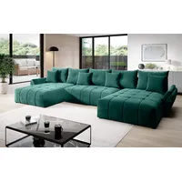 Vigo Velvet Monolith Ecksofa in U-Form 382 cm x 190 cm - Schlafsofa mit Bettkasten - Couch mit Stauraum und Kissen - Sofa mit Schlaffunktion - Ausziehbares Schlafsofa - Farbe: Grün (M-37)