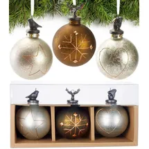 Brubaker 3er Set Weihnachtskugeln aus Glas - Stern, Schneeflocke und Herz - Premium Baumkugeln mit Porzellan Figur - Handbemalte Weihnachtsdekoration - 8cm Christbaumkugeln Silber/Grau