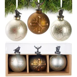 Brubaker 3er Set Weihnachtskugeln aus Glas - Stern, Schneeflocke und Herz - Premium Baumkugeln mit Porzellan Figur - Handbemalte Weihnachtsdekoration - 8cm Christbaumkugeln Silber/Grau