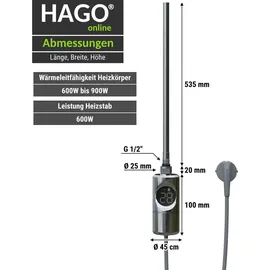 Hago Heizstab Heizelement zum Nachrüsten für Badheizkörper 600W