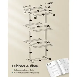 Songmics Wäscheständer, Standtrockner 4 Ebenen, mit Rollen, 63,5 x 128 x 173 cm, weiß - Weiß