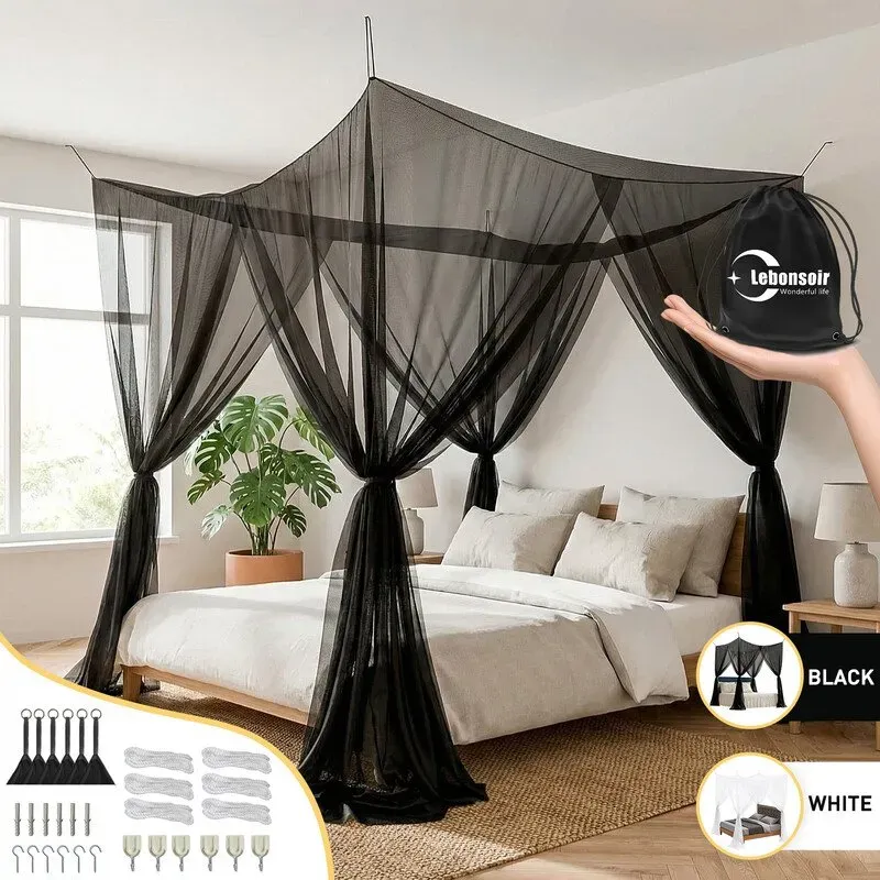 【3 € Rabatt ab 10 €】LeBonsoir 4-seitiges Moskitonetz, Sommer-Moskitoschutz, rechteckiges Outdoor-Reisenetz, für Camping, Zuhause, Outdoor & Reisen, Bettzelt/Bettüberwurf/Bettvorhang, mit 6 Aufhängeringen & 4 Öffnungen, Schwarz, 210 x 200 x 200 cm