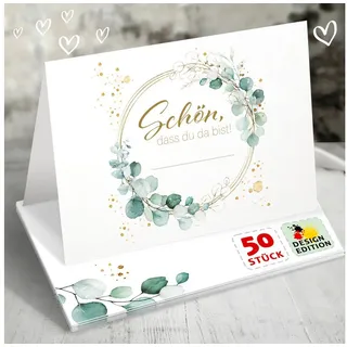 funke & brand 50x Tischkarten Hochzeit Eukalyptus – Schön, dass du da bist – Florales Design mit Goldakzenten, Namenskarten Platzkarten für Hochzeit, Geburtstag, Konfirmation, Design Edition, Funke & Brand