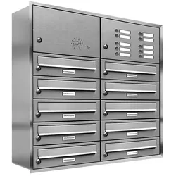 AL Briefkastensysteme 10 Fächer Premium Edelstahl Unterputz Briefkasten Anlage für Post A4, modern, robust, wetterfest, Artikelnummer: 132T10U2KS