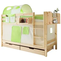 TICAA Etagenbett Marcel 90 x 200 cm inkl. Vorhang Kiefer massiv natur beige/grün