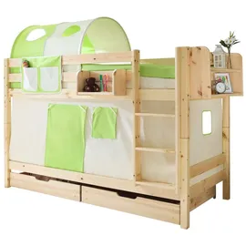 TICAA Etagenbett Marcel 90 x 200 cm inkl. Vorhang Kiefer massiv natur beige/grün