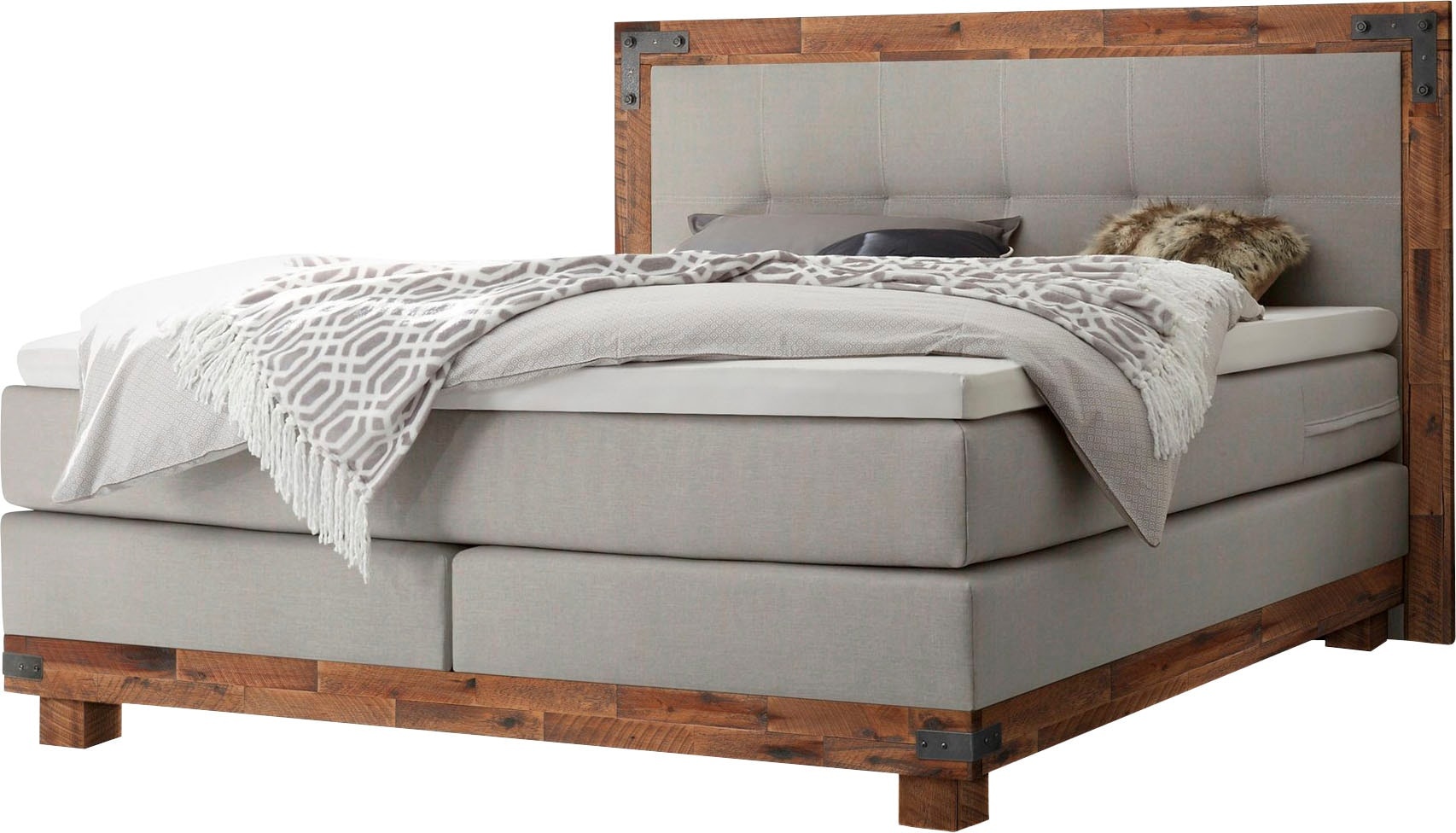 Boxspringbett Chicago, inkl. Topper, Kopfteilrahmen und Füsse aus massiver akazie Test & Preisvergleich