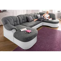 Wohnlandschaft DOMO COLLECTION "Flores auch in Leder-Bezug, B/T/H: 293/180/86 cm, U-Form" Sofas Gr. B/H/T: 293cm x 84cm x 182cm, Kunstleder SOFTLUX-Struktur, Recamiere links, ohne Bettfunktion-ohne Federkern, weiß (weiß/weiß/grau) wahlweise mit Bettfunktion, Federkern