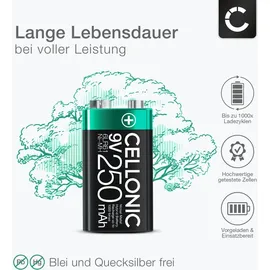 Cellonic 9V Akku – Wiederaufladbarer NiMH Akku 9V / E Block / 6F22 / 6LR61 / AM-61 langlebiger Blockakku (1 Stück, 250mAh) kompatibel mit Mikrofon, Rauchmelder, Funkgerät, Spielzeug