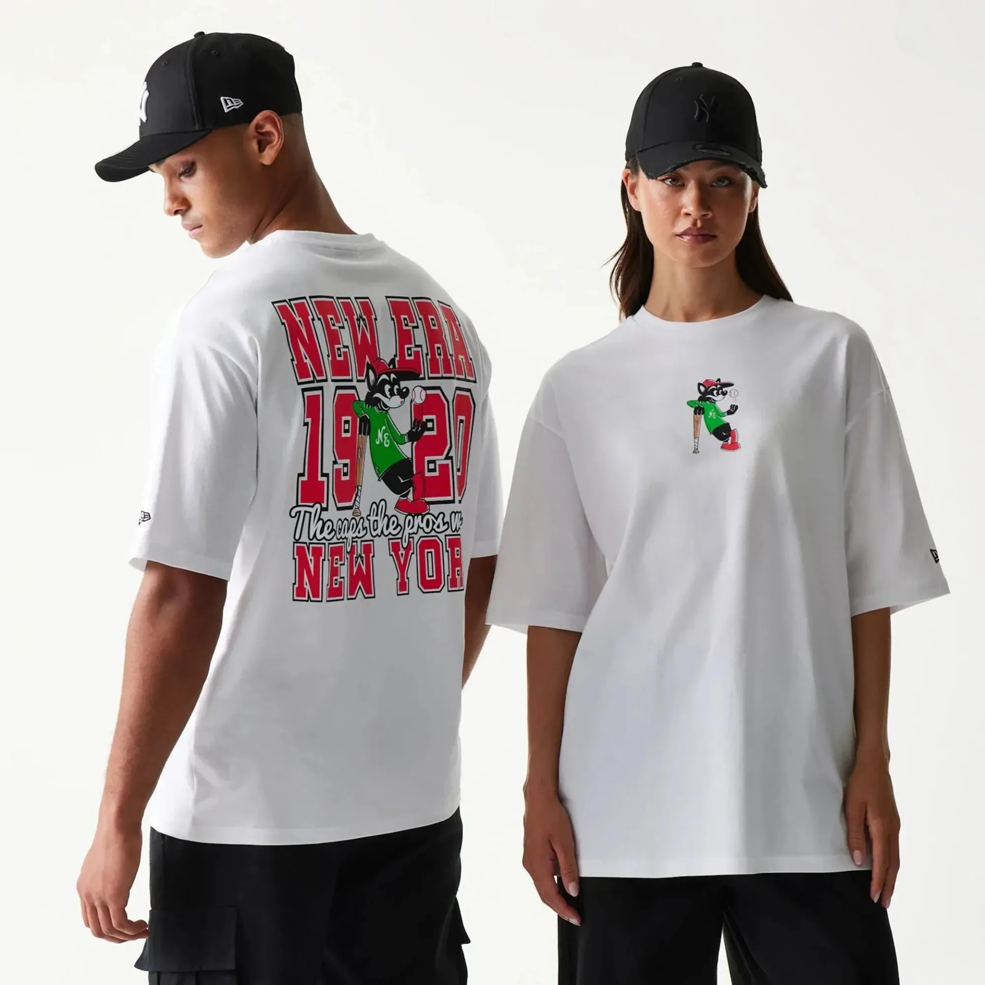NEW ERA Baseball Cat Character Graphic Oversized T-Shirt - White - M
