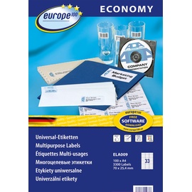 europe 100 Europe100 Art. ELA009 Universal Etiketten (3.300 Klebeetiketten, 70x25,4mm auf A4, Papier matt, individuell bedruckbar, selbstklebende Aufkleber, kompatibel zu AVERY 3421) 100 Blatt, weiß