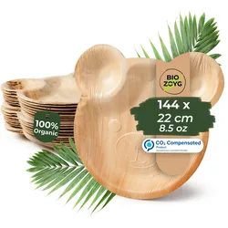 BIOZOYG 144 Stück Kinder-Partyteller in Bärchenform Einwegteller, Palmblatt-Teller, Kompostierbar, Umweltfreundlich, Robust, für Kinder, Süßes Design