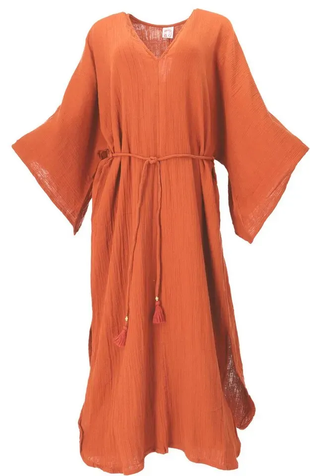 Guru-Shop Midikleid Boho Sommerkleid, luftiges Langarm -.. alternative Bekleidung orange