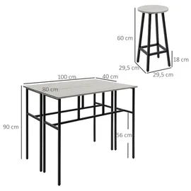 Homcom 6-teilig Essgruppe 2 Bistrotisch mit 4 Stühlen Hocker Bartisch Set Esszimmergruppe Sitzgruppe im Industrial Design Barhocker-Set für Wohnzimmer Esszimmer Spanholz Stahl Grau+Schwarz