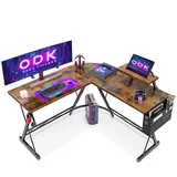 ODK Gaming Tisch, Gaming Schreibtisch Eckschreibtisch für Gamer, Schreibtisch L Form mit Monitorständer für Büro (Vintage Braun, 127 x 127 cm)