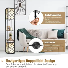 Costway Stehleuchte Regal 156 cm, Standleuchte Holz, E27 Stehlampe, Moderne Innenbeleuchtung mit 3-Ebenen, Regal-Stehleuchte mit Zugkette & Fußschalter, Bodenlampe für Schlafzimmer