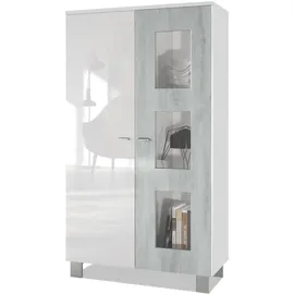 Vladon Standvitrine Denjo 71 x 129 x 35 cm Weiß matt/ Weiß Hochglanz/ Grau