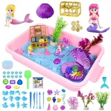 Meerjungfrau Kinetischer Spielzeug Sand, Magic Sand Sandbox Set, Mermaid Spielsand mit 500g Weich Sensorisch Spielsand und Sandkasten Schatztruhe Sensorisch Sandspielzeug Zaubersand Mädchen 4 5 6 7 8