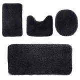 Heavyoff Badematte Set 4 teilig, Waschbar Badezimmerteppich, rutschfeste Badematte Toilettenmatte,Weich Saugfähige Badteppiche und WC Vorleger Duschvorleger, Schwarz