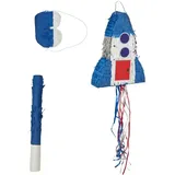 Relaxdays Pinata Set Rakete mit Stab und Maske Blau,Rot,Silber