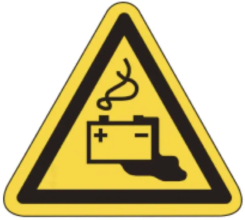 Warnschild als Symbol Warnung vor Gefahren durch Batterien nach ISO 7010