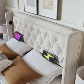 stilvora Polsterbett 180x200cm mit Stauraum Jugendbett mit LED-Beleuchtung,gepolstertes Kopfteil mit USB Typ-C Ladefunktion,Beige(Ohne Matratze) - Beige