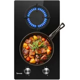 TOPWISH Gaskochfeld, Gaskochfeld 2 Flammig, 30cm Schwarzes Gehärtetes Glas Gaskochfeld, Eingebau Gaskocher mit Gusseisernen Stützen, NG/LPG Konvertierbar, Automatischer Thermoelementschutz, 4750 Watt