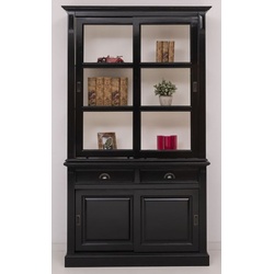 Casa Padrino Landhausstil Schrank Schwarz / Weiß 128 x 51 x H. 220 cm - Massivholz Vitrine mit 4 Schiebetüren und 2 Schubladen - Landhausstil Massivholz Möbel