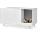 LIFEZEAL 2 in1 Katzenschrank mit Kratzbrett, Kaffeetisch mit Katzenhaus, Katzenhaus mit 2 Türen und hochgezogenen Beine, Katzenklo Katzentoilette Katzenhütte, Braun (Weiß)