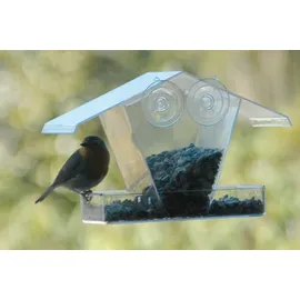 Dobar 11503 Fenster-Vogelfutterhaus - Futterstation aus Kunststoff - Wildvogelfutterspender mit Saugnäpfen - Futtersäule für Fenster - Futterhaus mit Futtertablet - 24 x 9,6 x 15 cm - Transparent