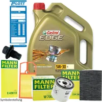 5L Castrol Edge LL 5W-30 Motoröl + Ölfilter + Luftfilter + Innenraumfilter + Ablassschraube