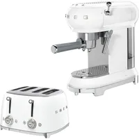 Smeg Breakfast-Set Siebträger Kaffeemaschine Espresso, 4-Scheiben Toaster, weiß