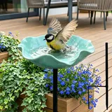 Vogeltränke Blume, Bienentränke Keramik mit Bodensteckdose - Bienentränke Gartenstecker & Insektentränke, Wasserschale und Vogelfutterstelle, Dekorative Keramikblüten Blumenstecker (C)