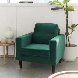 Fauteuil - Bjorn 1 - Englischgrün, Samtüberzug, Struktur aus Eukalyptus, Beine aus Hevea-Holz mit Walnussholz-Effekt