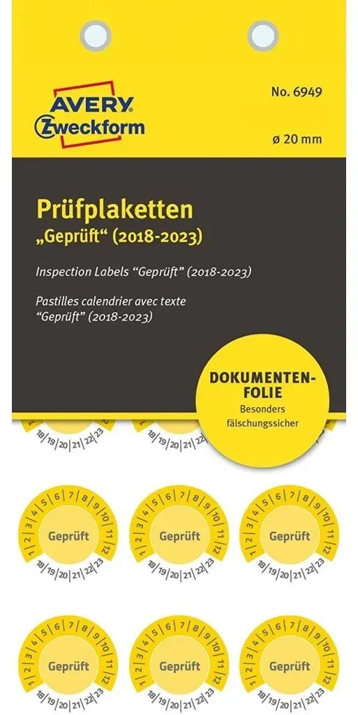 600x Prüfplaketten Geprüft 2018-2023 20mm Gelb Folie