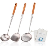 3 Stück Küchenhelfer Set Edelstahl,Wok Zubehör mit Holzgriff,Langer Wok Pfannenwender Edelstahl,Wok Wender Set,Schöpfkelle Edelstahl,Wok Kelle Set,Kochen Werkzeuge Utensilien Set