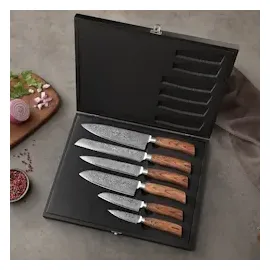 Wakoli Edib Pro 6er Damastmesser-Set I Holzbox I 8-20cm Klinge I mit Messerblock