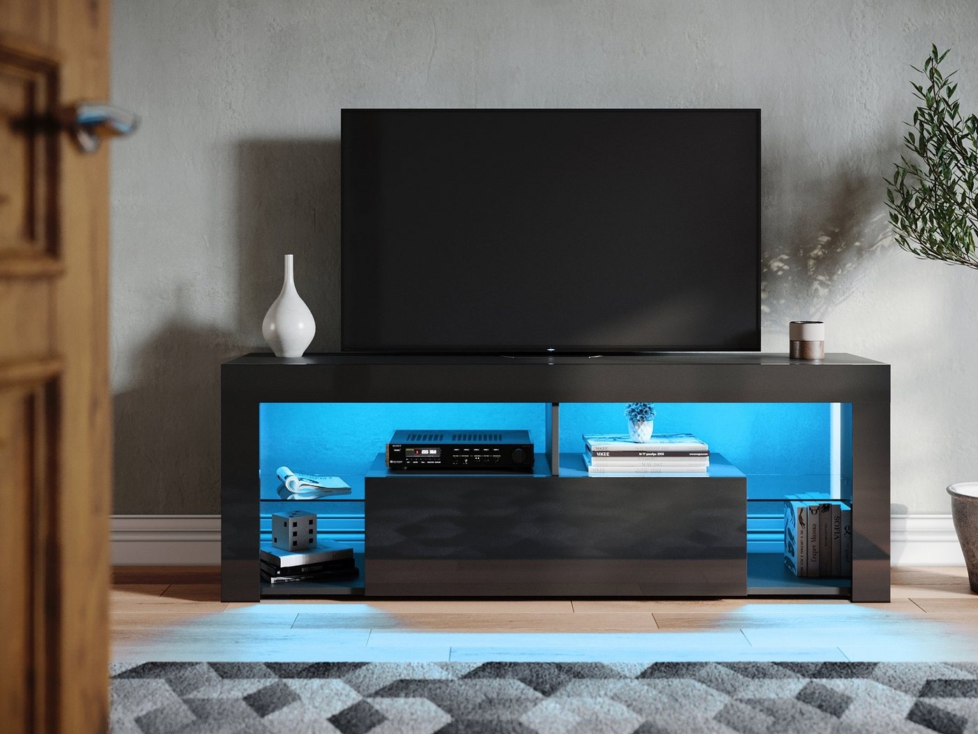 SONNI Lowboard TV Lowboard Schwarz Hochglanz mit LED Beleuchtung Breite 140 cm, tv schrank in wohnzimmer, sideboards schwarz