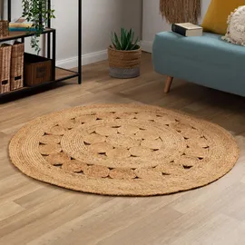 Steffensmeier Jute Teppich Goa | Rund | Wohnzimmer, Flur, Eingangsbereich, Naturfaser, handgeflochten, Flower, Größe: Ø 150 cm