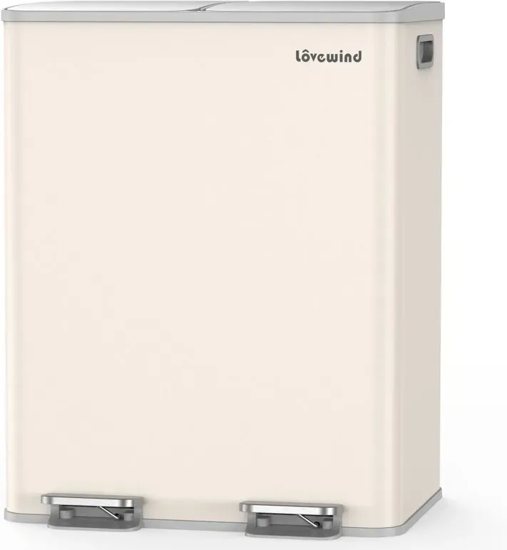 Küchen-Mülleimer, 60 L (2 x 30 L) Edelstahl Mülleimer und Recyclingbehälter Kombination mit Soft-Close-Deckel, Recycling-Küchenmülleimer mit zwei Fächern, Apricot