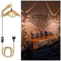 YNDD 2er Set Wandleuchte Rattan Boho mit Stecker und Schalter, Dimmbar Wandlampe Innen Holz Rustikal Retro mit 3m Hanfseil Kabel E27 Vintage Wandlicht für Schlafzimmer Wohnzimmer Flur Wandbeleuchtung