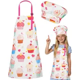 DiULi Kochschürze Kinder, 2er Kinder Schürze und Kochmütze Set, Verstellbare Backschürze mit Taschen für Jungen Mädchen, Kinderschürzen für Kochen Backen Malen Basteln Party, Kuchendruck L