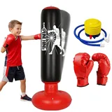 Boxsack für Kinder von 6–12 Jahren, 160cm Standboxsack Aufblasbarer mit Boxhandschuhe Boxsack Stehender, Geschenk für Jungen und Mädchen Üben von Karate, Kickboxen,Taekwondo, MMA (Schwarz)