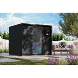 Karibu Saunahaus Außensauna Gartensauna 68mm Elementsauna VENTURA schwarz 219x224 cm inkl. 9kW Ofen mit extrner Steuerung