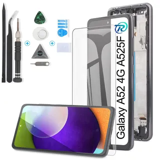 RongZy AMOLED Display für Samsung Galaxy A52 4G A525F LCD Bildschirmersatz Digitizer Touchscreen Montiert Ersatz mit Werkzeugen(Mit Fingerabdruck,Schwarz mit Rahmen)