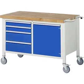 Rau Werkbank Stahl 1250x700x880mm blau fahrbar mit 4 Schubladen und 1 Tür