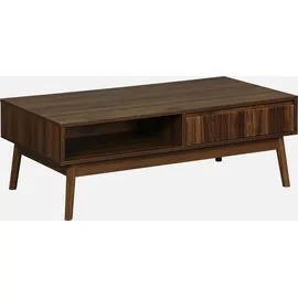 sweeek - Skandinavischer Couchtisch mit geriffeltem Holzdekor, 2 Nischen, 1 Schublade